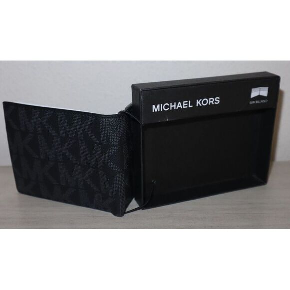 Michael Kors 86F2SMNF5B Mens Jet Set Black Logo Slim Billfold Leather Wallet $98 - Picture 6 of 8